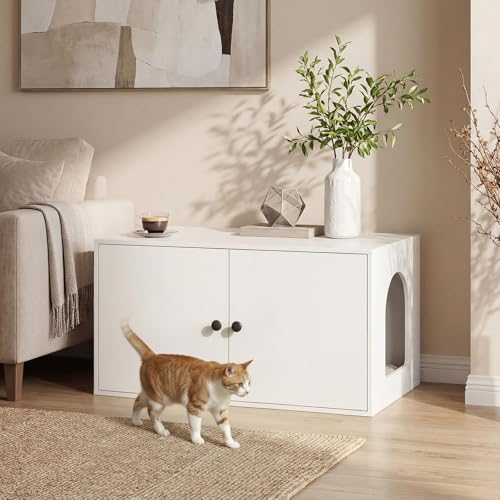 HOOBRO Cat Litter Box Enclosure, Hidden Litter Box Furniture with Side Entry, Litter Box Cabinet, Indoor Cat House, End Side Table, 31.5"L x 17.7"W x 16.3"H, for Living Room, Bathroom, White WT40MW01 - color: White