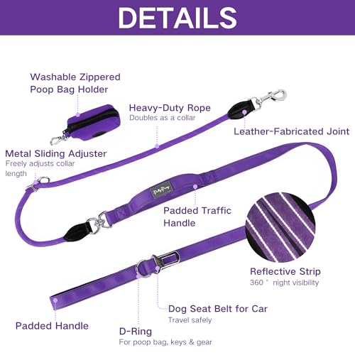 6FT Heavy Duty Dog Leash for Small Medium Large Dogs, Tangle Free Reflective Dog Training Leash with Double Handle, Seat Belt Buckle & Poop Bag Holder (Purple) - color: Purple, size: 6FT