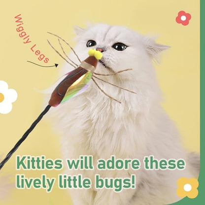 Cat Bug Toy Wand - Cat Teaser Wand Toy with 4 Pcs Cute Insect Feather cat Toy Replacements, Interactive Cat Toys Bug for Indoor Cats Kittens - color: Bugs
