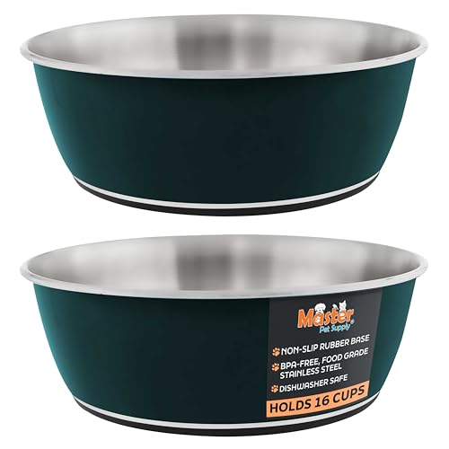Master Pet Supply Stainless Steel Dog Bowls Set of 2 (128 Oz Each) with Non-Slip Rubber Base - Emerald Sea - Basic Dog Food Bowl Water & Food Bowls for Small Medium Large Dogs & Cats, Metal Dish - color: Emerald Sea, size: 16 Cups (128 oz) 2 Pack