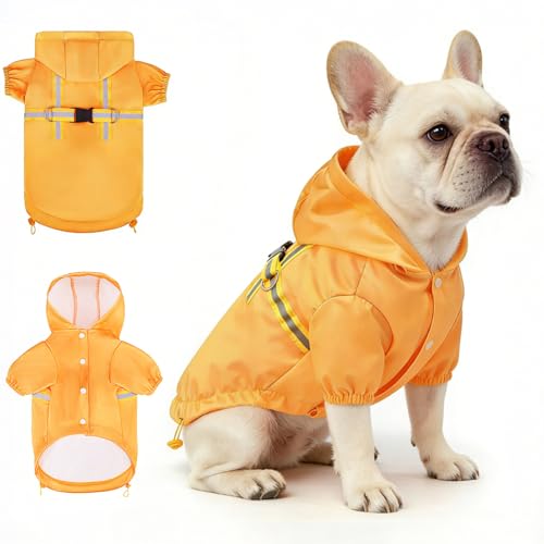 BEAUTYZOO Dog Raincoats for Medium Dogs Waterproof, Dog Rain Jacket with Harness Built in, Reflective Doggie Rain Vest with Hood & Leash Ring for Boy Girl Puppy, Pet Slicker Poncho Clothes, Yellow M - color: Solid Yellow, size: M(Back 15", Chest 22.5", Ne