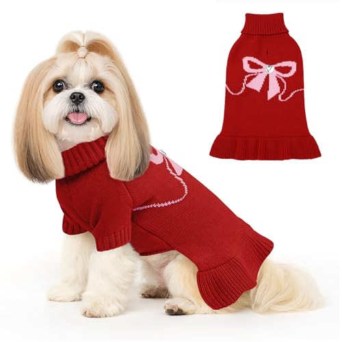 Bowknot Dog Sweater Dress for Small Dogs Girl, Stretchy Pet Sweaters Pullover Coats, Fall Winter Warm Dog Turtleneck Sweater (Red, M) - color: Red, size: Medium (9-15lbs)