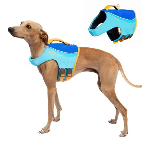 Tuff Pupper Dog Life Jacket | High Buoyancy Dog Swim Vest with Rescue Handle | Adjustable Secure Fit | Reflective Safety Trim | Pet Flotation Jacket for Swimming Boating Kayaking (Blue/Yellow, XXS) - size: XX-Small