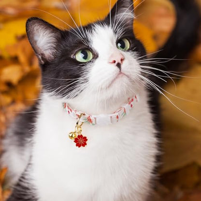 2 Pack Cotton Breakaway Cat Collar Green and Red Flowers Pendant Cute Kitten Cat Collar with Bell - color: Green&Red