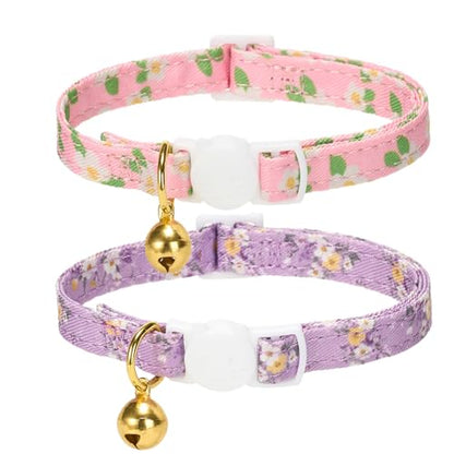 2 Pack Cat Collars, Removable Bowtie, Floral Pattern, Safety Breakaway Clasp, Adjustable for Cats.(Adult Cat, Purple and Pink dasiy) - color: Pink+Purple