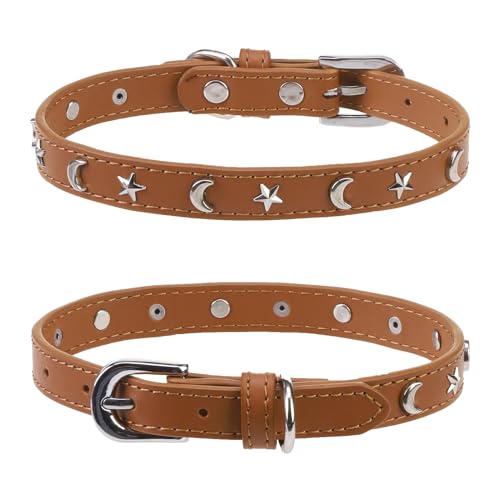 Leather Dog Collar for Puppy Small Medium Dogs, Adjustable Star Moon Rivet Studded Pet Collars with Rust-Proof Metal Buckle and Charms, XS S Dog Collars for Boy and Girls, Size 8-11" Brown - color: Brown, size: X-Small (8"-11", Pack of 1)