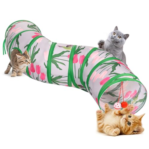 Pawaboo Cat Tunnel, S-Shaped Cat Tube Tunnel 25 * 97cm(9.8''*38.2'') with Balls and Bells, Collapsible Portable Kitten Play Tent Toy Interactive Cats House with Peep Holes for Kitty, Tulip & Bird - color: Tulip & Bird, size: S Way