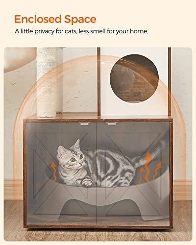 Feandrea Cat Tree with Litter Box Enclosure, 59-Inch Modern Cat Tower, 2-in-1 Condo with Scratching Posts, Washable Removable Cushion, Rustic Brown UPCT113X01 - color: Rustic Brown