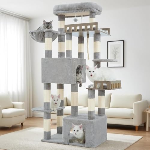 Gitelsnour Maine Coon Cat Tree, Heavy Duty Cat Tree for Indoor Cats Large Adult, Cat Tower for Large Cats 20 lbs+ with Hammock, 2 Big Perches, 2 Cat Condos, 15 Scratching Posts, Light Gray GCT033W - color: Light Gray, size: 68.5 inches
