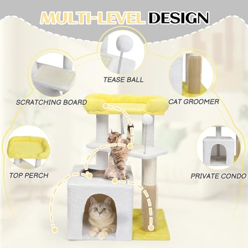 Outvita Cat Tree 27.5in Small Cat Tower, Multi-Level Cat Tree Tower with Cat Scratching Post and Pad, Cozy Cat Condo, Padded Top Bed for Kittens and Indoor Cats, Yellow & White - size: 27.5" Yellow & White