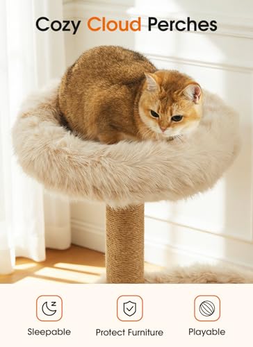 Letkind 38" Modern Cat Tree Tower for Large Indoor Cats, Perches-Natural Solid Wood Cat Tower with Sisal Scratching Post, Perches, Basket & Scratching Post, Aesthetic Boho Cat Furniture - size: 38" Wood Cat tree