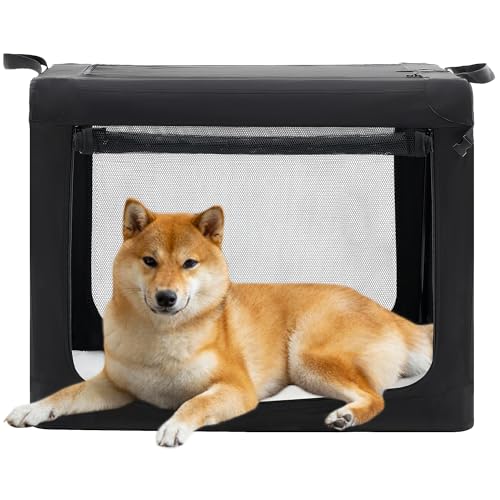 Dog Travel Crate 30 Inch, Portable Soft-Sided Travel Carriers for Dogs and Cats, Foldable Pet Kennel with 3-Doors Mesh Windows Indoor & Outdoor, Black - color: Matte black, size: 30×20.9×25in