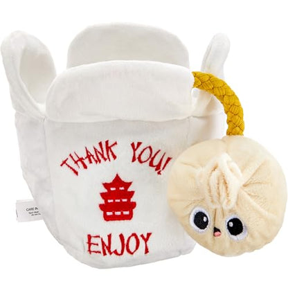 Downtown Pet Supply Chinese Takeout Plush Dog Toy – Crinkle Takeout Box with Squeaky Dumpling Rope | Interactive Hide & Seek Tug Toy for Small, Medium & Large Dogs - style: Asian Takeout