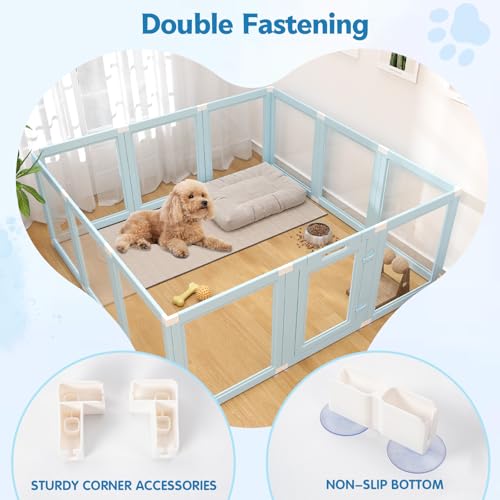 DIY Clear Acrylic Dog Playpen Indoor, Transparent Easy Cleansing Puppy Fence with Suction Cup, Easy-Assemble Indoor Whelping Crate for Small Puppies (23.6" H, 12PCS), Blue - color: Blue, style: 12PCS