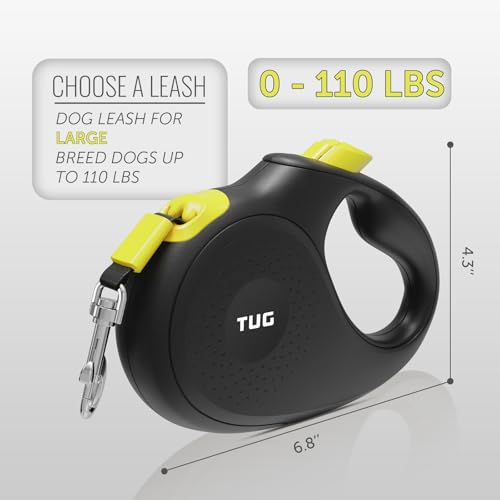TUG 360° Tangle-Free Retractable Dog Leash | 16 ft Strong Nylon Tape (Large, Black/Yellow) - color: Black/Yellow, size: Large, 16 ft