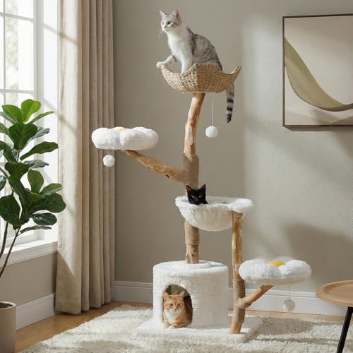 MUTTROS 59" Modern Cat Tree Tower for Large Cats w/2 Flower Perches-Natural Solid Wood Scratching Post with Real Branch-Luxury Boho Cat Furniture w/Condo & Wicker Basket Bed, Cloud White - color: Cloud White, size: 59" Solid Wood Cat Tree