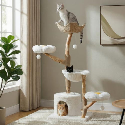 MUTTROS 59" Modern Cat Tree Tower for Large Cats w/2 Flower Perches-Natural Solid Wood Scratching Post with Real Branch-Luxury Boho Cat Furniture w/Condo & Wicker Basket Bed, Cloud White - color: Cloud White, size: 59" Solid Wood Cat Tree