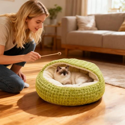 Hooded Calming Cat Cave - Hooded Kitten Bed, Cat Tent for Home Bedroom Balcony, Pet Bed with Thick Padding, Pet Sleeping House, Cave Cushion for Indoor Shelter Living Room Apartment - color: Green