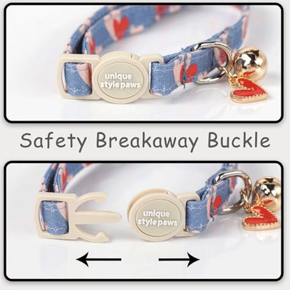 Unique style paws 2 Pack Valentine's Kitten Collar Breakaway with Bell&Pendant, Adjustable Safety Red Lip Rainbow Cat Cotton Collar for Girl Boy Cat and Small Pet - color: painting blue pink love