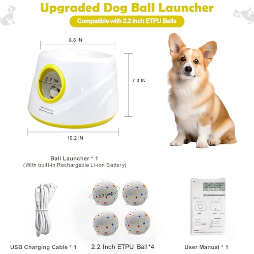 MEKAPLE Automatic Dog Ball Launcher, Upgraded Interactive Dogs Balls Thrower for Small and Medium Dogs, Distance Adjustable Mental Stimulating Dog Toys with 4 Durable Etpu Balls 2.2 Inch (Yellow) - color: Yellow