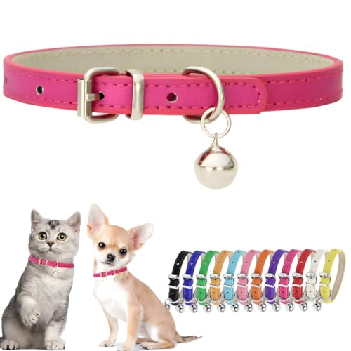Hot Pink XS Dog Collar with Bell Girls PU Leather Puppy Collar with Bell Cat Kitten Collars for XXsmal XSmall Tiny Little Extra Small Breed Pets Female Pets Like Chihuahua, X-Small - color: Hot Pink, size: X-Small (8-10.5 inches)
