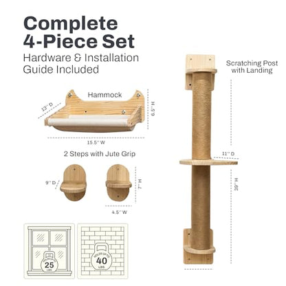 4-in-1 Window & Wall Mount Cat Wall Shelves – Hammock, Scratching Post & Perch | Fits up to 40 lbs | Space-Saving Pet Furniture for Windows, Glass & Drywall | Modern Wood Cat Shelf Set
