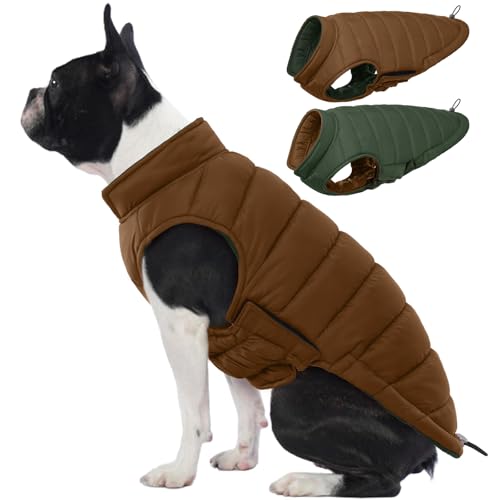 Lelepet Reversible Dog Coat Waterproof Dog Jacket Windproof Puffer Vest for Winter Warm Lightweight Coats for Small Dogs Adjustbale Hook & Loop Pet Apparel with Leash Hole, Pug, Brown, M - color: Brown, size: Medium