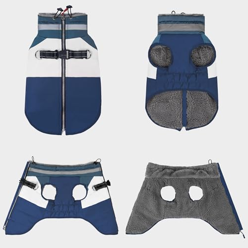 Dog Jacket for Small Dogs Waterproof Dog Coat with Reflective Strips and Harness Built in Warm Fleece Dogs Winter Coat Windproof with Back Zipper, Navy L - color: Navy, size: Large