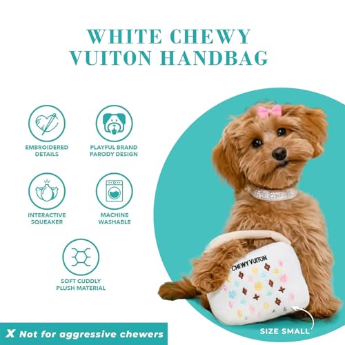 Haute Diggity Dog Chewy Vuiton Handbag Plush Squeaky Dog Toy, Soft Durable Designer-Inspired Stuffed Puppy Chew Toys for Small & Medium Dogs, Machine-Washable (White) Small - color: White Purse, size: Small