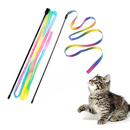 LASOCUHOO Interactive Cat Wand Toys Interactive Cat Teaser Wand String Ribbon Rainbow Charmer for Cats and Kittens - 2 Packs - color: Rainbow