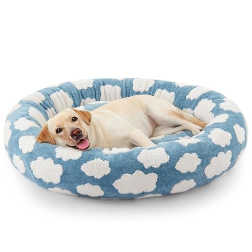 JOEJOY Donut Large Dog Bed, Cute Round Calming Dog Bed with Removable Washable Cover, Orthopedic Pet Beds with Jacquard Shaggy Plush & Non Skid Bottom, Black - color: Blue, size: L (36x36x10)
