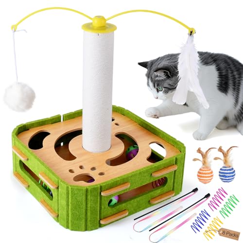 Cat Puzzle Box Toy for Indoor Cats Boredom Relief Interactive Wooden Cat Enrichment Maze with Jingle Balls, Feather Wands & Spiral Springs, Slow Feeder Treat Dispenser for Kittens & Adult Cats - size: Large