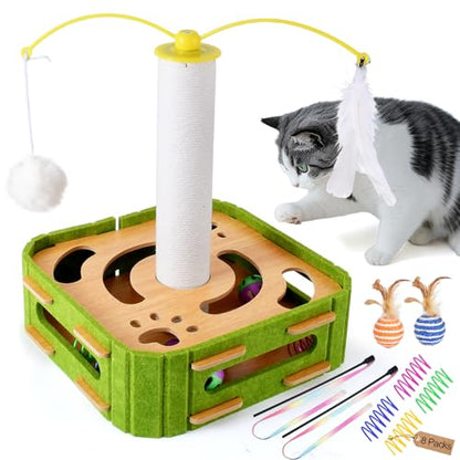 Cat Puzzle Box Toy for Indoor Cats Boredom Relief Interactive Wooden Cat Enrichment Maze with Jingle Balls, Feather Wands & Spiral Springs, Slow Feeder Treat Dispenser for Kittens & Adult Cats - size: Large