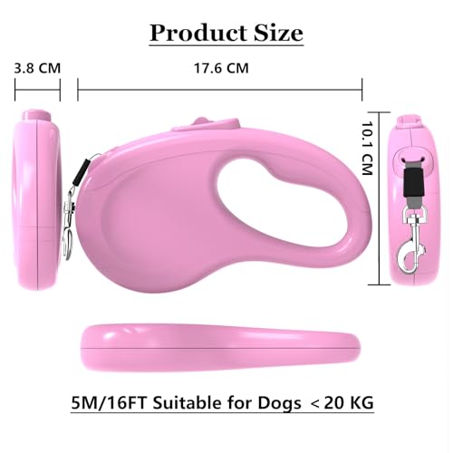 Retractable Dog Leash, 16Ft/5M Light Weight Retractable Leash for Small Medium Dogs/Cats Up to 50lbs, Strong Nylon Tape 360° Tangle-Free One-Hand Brake (Pink) - color: Pink
