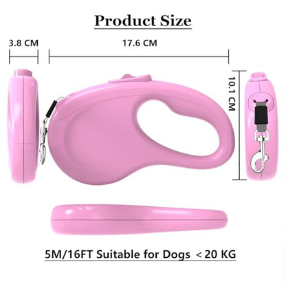Retractable Dog Leash, 16Ft/5M Light Weight Retractable Leash for Small Medium Dogs/Cats Up to 50lbs, Strong Nylon Tape 360° Tangle-Free One-Hand Brake (Pink) - color: Pink