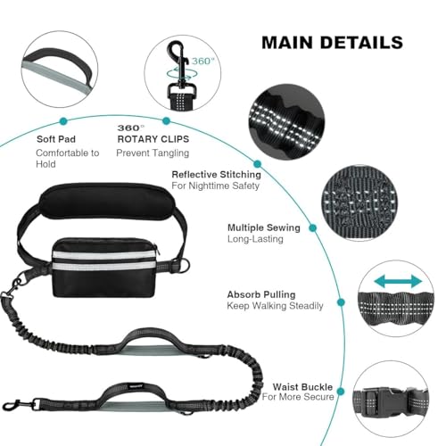 Hands Free Dog Leash with Pouch, Dual Attachment for Two Dogs, Retractable Bungee with Double Padded Handles, Waist-Mounted for Running,Walking, Jogging Friendly Dog Accessories (Black/Mint Green) - color: Black/Blue