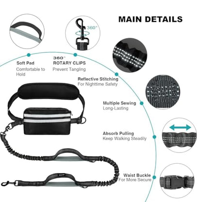 Hands Free Dog Leash with Pouch, Dual Attachment for Two Dogs, Retractable Bungee with Double Padded Handles, Waist-Mounted for Running,Walking, Jogging Friendly Dog Accessories (Black/Mint Green) - color: Black/Blue