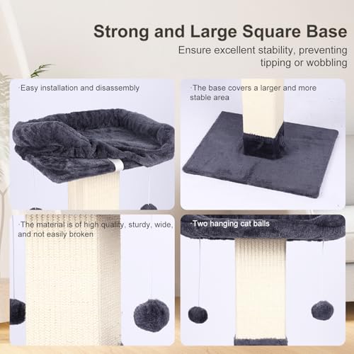 34" Cat Scratching Post for Indoor Cats, Sisal Cat Scratcher with Large Plush Perch, Vertical Posts with Elevated Bed and with Two Dangling Balls, Removable & Washable Cover, Dark Grey - color: Dark grey