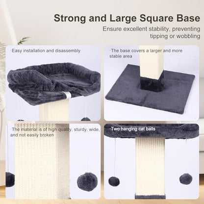 34" Cat Scratching Post for Indoor Cats, Sisal Cat Scratcher with Large Plush Perch, Vertical Posts with Elevated Bed and with Two Dangling Balls, Removable & Washable Cover, Dark Grey - color: Dark grey