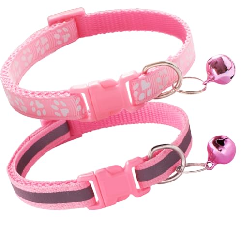 Pink Puppy Collar with Bell, 2-Pack Reflective Strip Girl's Cat Collar with Bell, Nylon Small Dog Collar with Bell Adjustable for Puppy XXS XS Small Female Dogs Kitten,X-Small - color: Reflective Pink