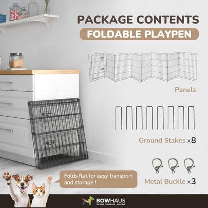 BOWHAUS Foldable Outdoor/Indoor Pet Playpen with Gate, Available in 24 Inch Height Metal Portable Kennel, Heavy-Duty Exercise Fence Cage 8 Panels for Small Dog, Animals - style: 24 Inch