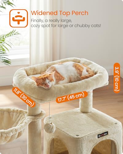Feandrea Cat Tree, 37.8-Inch Cat Tower, Multi-Level Condo with Widened Perch, Scratching Posts and Ramp, 2-Door Cave, Hammock, Beige UPCT51M - color: Beige
