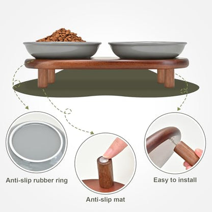 SPUNKYJUNKY Shallow Elevated Cat Bowl with Acacia Wood Stand Wide Raised Ceramic Cat Dishes Whisker Friendly Pet Food and Water Plates (Striped Pattern, Gray) - color: Gray