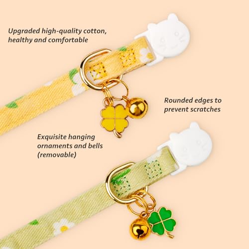 2 Pack Cotton Breakaway Cat Collar Green and Yellow Flowers Pendant Cute Kitten Cat Collar with Bell - color: Green&Yellow