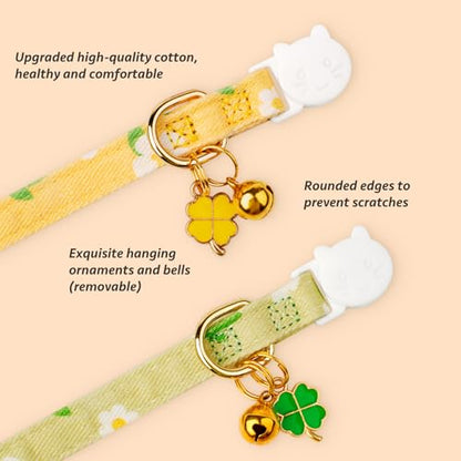 2 Pack Cotton Breakaway Cat Collar Green and Yellow Flowers Pendant Cute Kitten Cat Collar with Bell - color: Green&Yellow