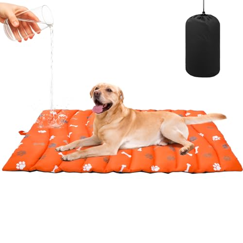 BINGPET Outdoor Travel Dog Bed for Large/Medium Dogs,Portable Waterproof Camping Mat with Carry Bag,Foldable Outside Bed,Machine Washable Indoor Pet Mat for Small,Medium and Large Dogs 26"x43" - color: Orange, size: L: 26*43in