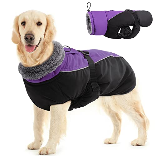 IDOMIK Dog Winter Coat, Reflective Waterproof Dog Jacket for Cold Weather, Warm Pet Coats for Small Medium Large Dogs, High Collar Doggy Fleece Snow Jacket, Winter Vest with Adjustable Buckle,L - color: Purple, size: Large
