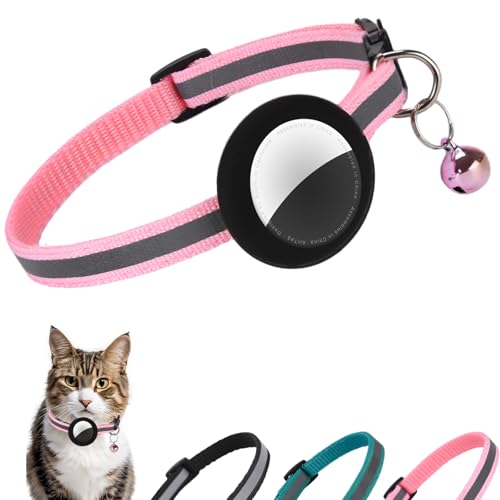 Reflective Cat Collar Fits for AirTag Holder, Breakaway Safety Buckle, Bell & Adjustable Strap for Cats Kittens - Compatible with Apple AirTag, Anti-Lost Pet Tracker Collar,Pink - color: Pink