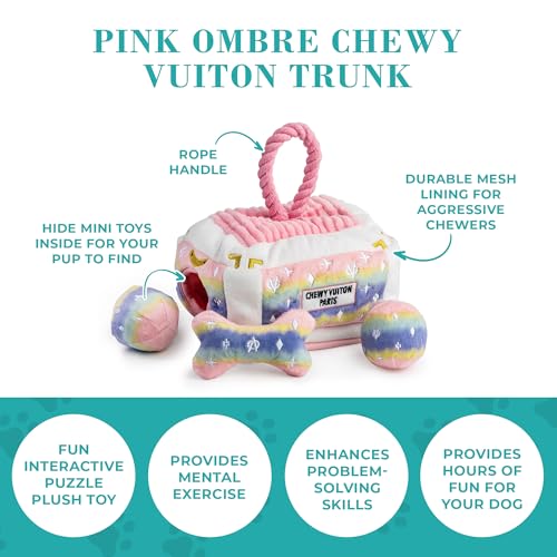 Haute Diggity Dog Chewy Vuiton Trunk Puzzle with 3 Plush Squeaky Dog Toys, Soft Durable Designer-Inspired Stuffed Puppy Chew Toys for Small & Medium Dogs, Machine-Washable (Pink Ombre) One Size - color: Pink Ombre Trunk, size: One Size