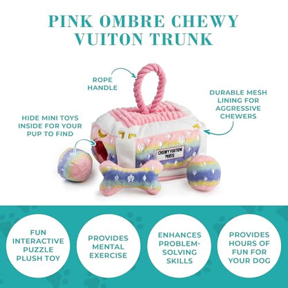 Haute Diggity Dog Chewy Vuiton Trunk Puzzle with 3 Plush Squeaky Dog Toys, Soft Durable Designer-Inspired Stuffed Puppy Chew Toys for Small & Medium Dogs, Machine-Washable (Pink Ombre) One Size - color: Pink Ombre Trunk, size: One Size